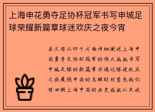 上海申花勇夺足协杯冠军书写申城足球荣耀新篇章球迷欢庆之夜今宵