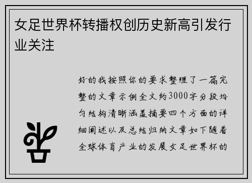 女足世界杯转播权创历史新高引发行业关注 女足世界杯转播权创历史新高引发行业关注