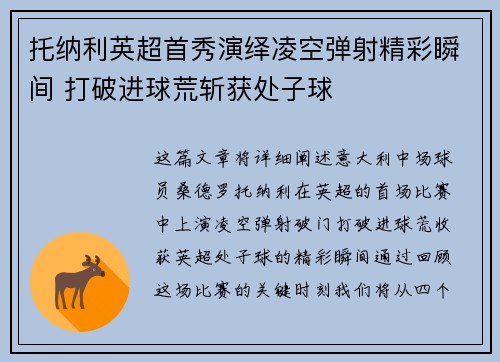 托纳利英超首秀演绎凌空弹射精彩瞬间 打破进球荒斩获处子球 托纳利英超首秀演绎凌空弹射精彩瞬间 打破进球荒斩获处子球